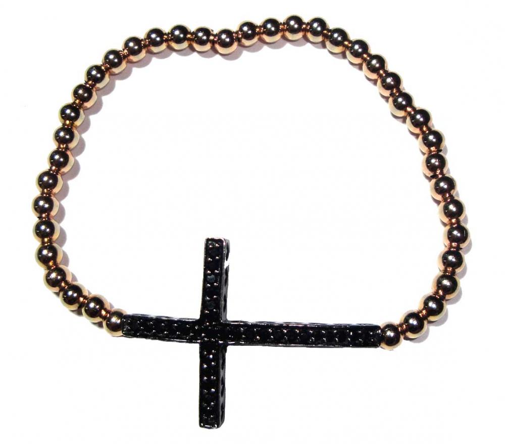 4mm Rose Gold Filled Beads With Jet Sideways Cross